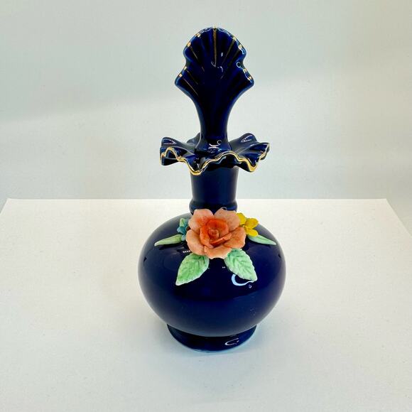 Decorative Perfume Bottle w/ Stopper Rose Flower Cobalt Blue Gold Ruffle Trim - Picture 10 of 10